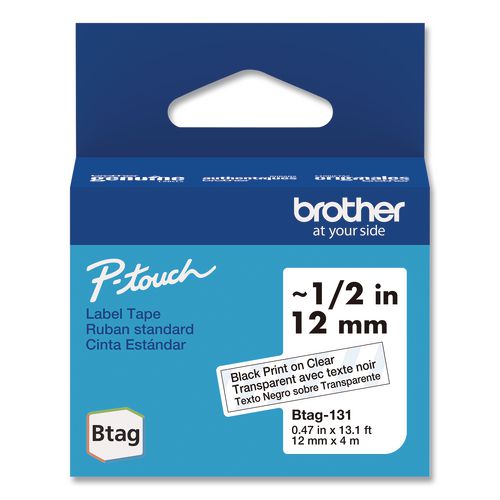 Brother P-Touch Genuine P-Touch BTAG Label Tapes, 0.47" x 13.1 ft, Black on Clear