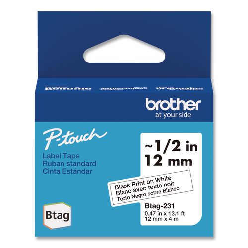 Brother P-Touch Genuine P-Touch BTAG Label Tapes, 0.47" x 13.1 ft, Black on White