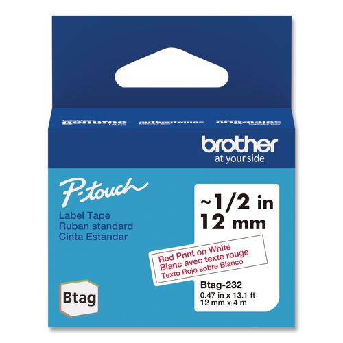 Brother P-Touch Genuine P-Touch BTAG Label Tapes, 0.47" x 13.1 ft, Red on White