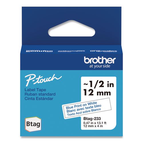 Brother P-Touch Genuine P-Touch BTAG Label Tapes, 0.47" x 13.1 ft, Blue on White