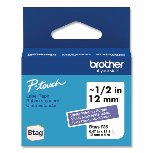 Brother P-Touch Genuine P-Touch BTAG Label Tapes, 0.47" x 13.1 ft, White on Purple