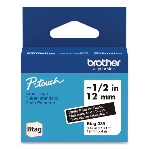 Brother P-Touch Genuine P-Touch BTAG Label Tapes, 0.47" x 13.1 ft, White on Black