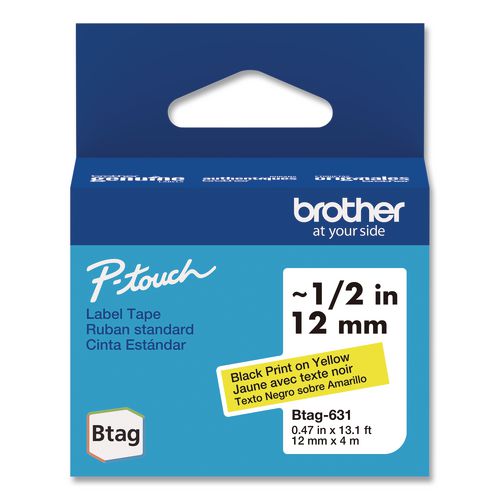 Brother P-Touch Genuine P-Touch BTAG Label Tapes, 0.47" x 13.1 ft, Black on Yellow