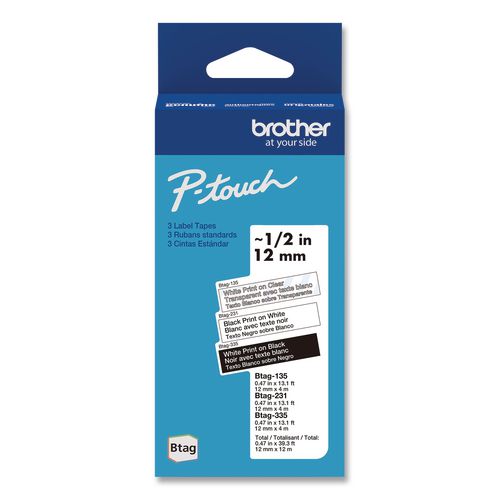 Brother P-Touch Genuine P-Touch BTAG Label Tapes, 0.47" x 13.1 ft, White on Clear, Black on White, White on Black, 3/Pack