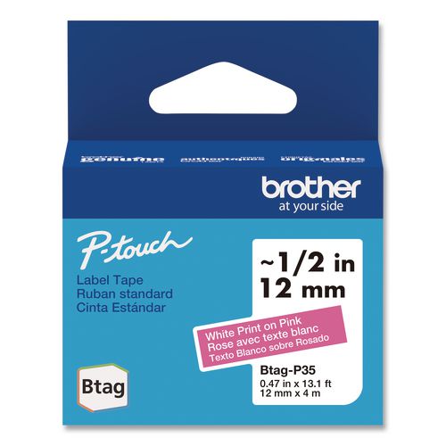 Brother P-Touch Genuine P-Touch BTAG Label Tapes, 0.47" x 13.1 ft, White on Pink