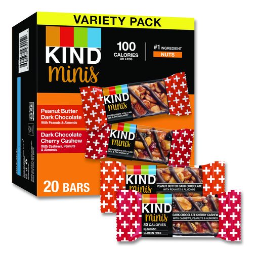 KIND Minis Peanut Butter Dark Chocolate and Dark Chocolate Cherry Cashew Variety Pack, 0.74 oz Bar, 20/Box