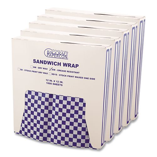 Bagcraft Grease-Resistant Paper Wraps and Liners, 12 x 12, Blue Check, 1,000/Box, 5 Boxes/Carton