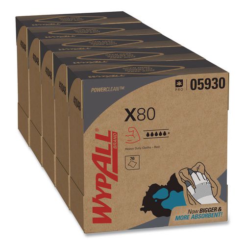 WypAll Power Clean X80 Heavy Duty Cloths, HYDROKNIT, POP-UP Box, 8.34 x 16.8, Red, 76/Box, 5 Box/Carton