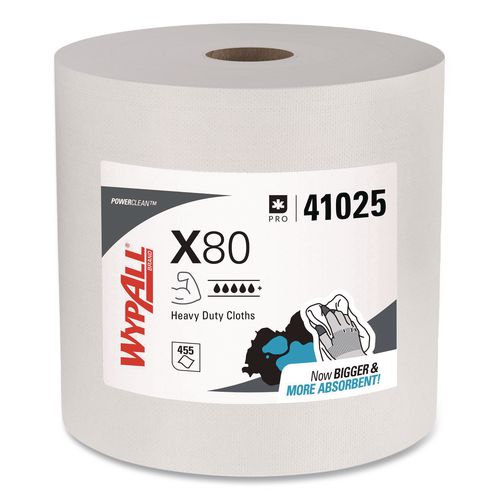 WypAll Power Clean X80 Heavy Duty Cloths, Jumbo Roll, 12.4 x 12.2, White, 455/Roll