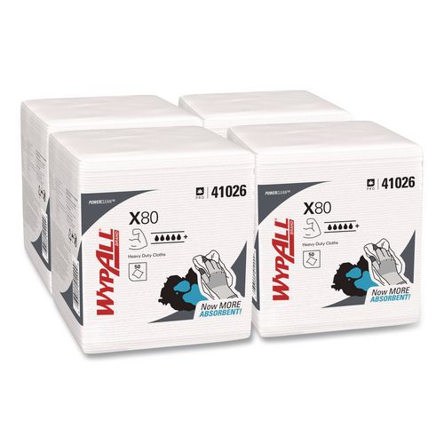 WypAll Power Clean X80 Heavy Duty Cloths, 1/4 Fold, 12.5 x 12, White, 50/Box, 4 Boxes/Carton