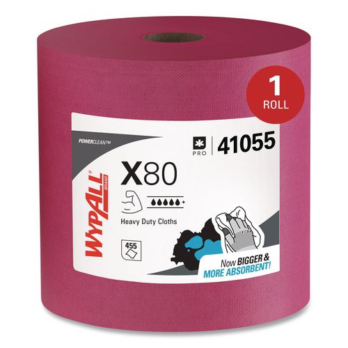 WypAll Power Clean X80 Heavy Duty Cloths, Jumbo Roll, Perforated,12.4 x 12.2, Red, 455 Wipers/Roll