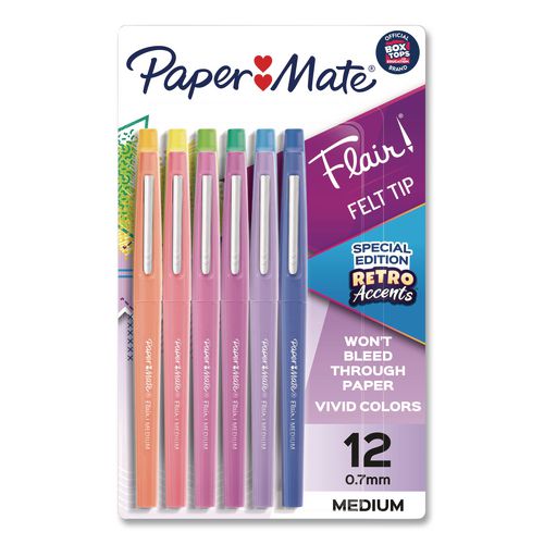Paper Mate Flair Felt Tip Porous Point Pen, Retro Accents, Stick, Medium 0.7mm, Randomly Assorted Ink, Randomly Assorted Barrel, 12/Pack