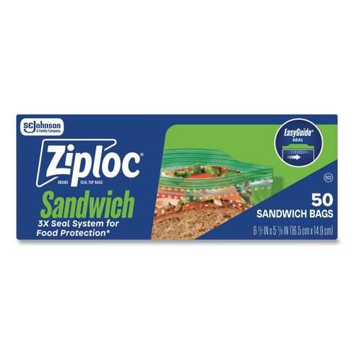 Ziploc Resealable Sandwich Bags, 1.2 mil, 6.5" x 5.88", Clear, 50/Box