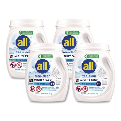 all MIGHTY PACS Free Clear HE Laundry Detergent, 60 Pods/Tub, 4 Tubs/Carton