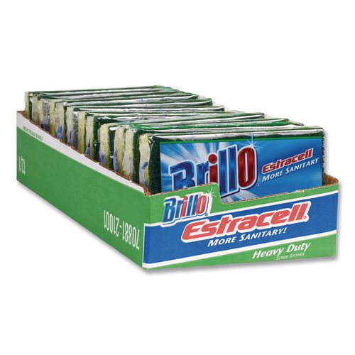 Brillo Estracell Heavy Duty Scrub Sponge, 4.9 x 2.9, 0.8" Thick, Yellow/Green, 12/Carton