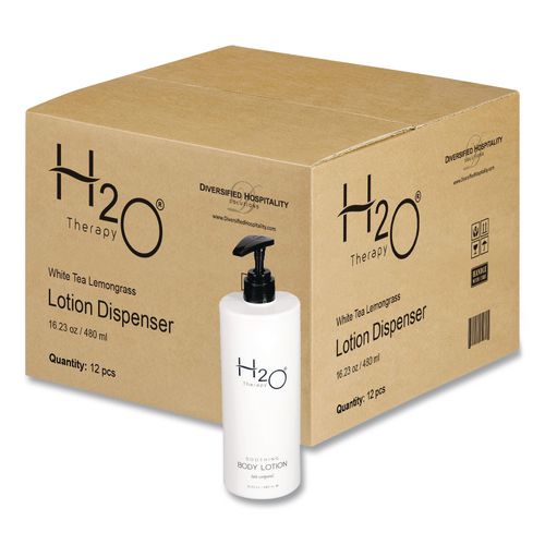 Diversified Hospitality Solutions H2O Therapy Body Lotion Air Pump, 16.23 oz Bottle, White Tea and Lemongrass Scent, 12/Carton