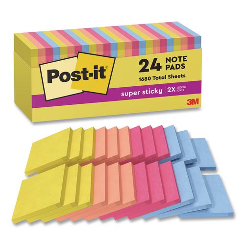 Post-it Notes Super Sticky Note Pads in Summer Joy Collection Colors, 3" x 3", Summer Joy Collection Colors, 70 Sheets/Pad, 24 Pads/Pack
