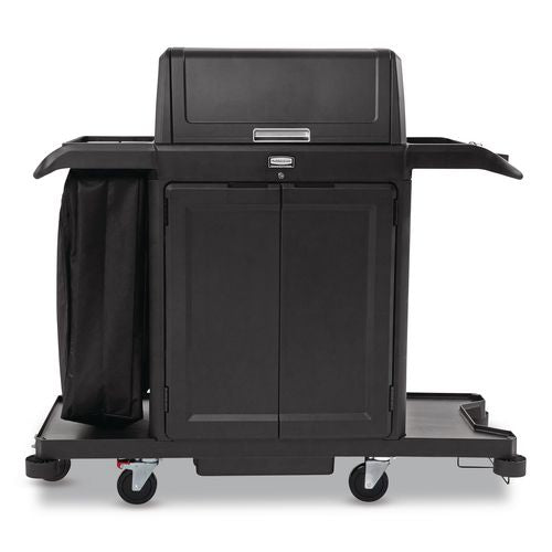 Rubbermaid Commercial Housekeeping Cart with Hood and Doors, Plastic, 4 Shelves,1 Bin, 24.4 x 62.4 x 56.9, Black