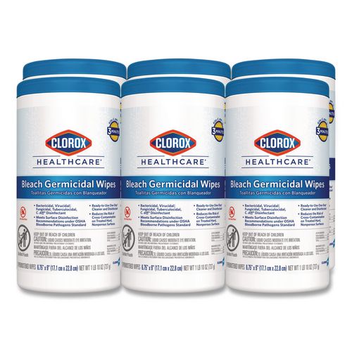 Clorox Healthcare Bleach Germicidal Wipes, 1-Ply, 6.75 x 9, Unscented, White, 70/Canister, 6 Canisters/Carton