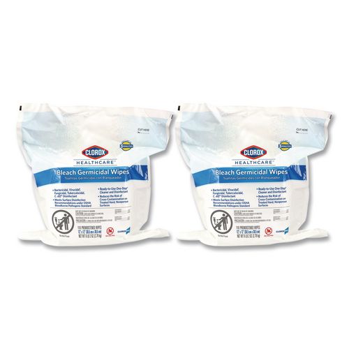 Clorox Healthcare Bleach Germicidal Wipes, 1-Ply, 12 x 12, Unscented, White, 110/Refill, 2 Refills/Carton