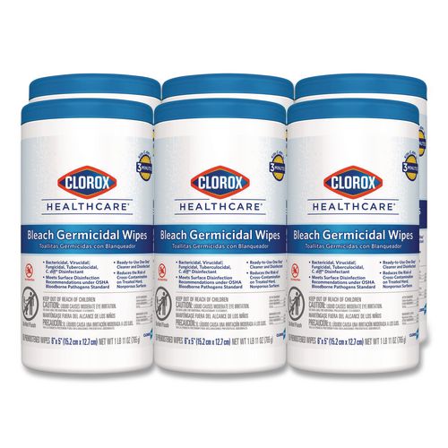 Clorox Healthcare Bleach Germicidal Wipes, 1-Ply, 6 x 5, Unscented, White, 150/Canister, 6 Canisters/Carton