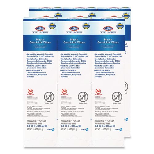 Clorox Healthcare Bleach Germicidal Wipes, Individual Wipes, 1-Ply, 6.75 x 9, Unscented, White, 50/Box, 6 Boxes/Carton