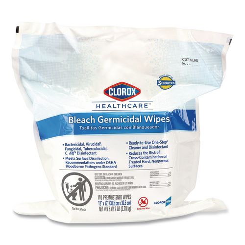Clorox Healthcare Bleach Germicidal Wipes, Refill for Bucket, 1-Ply, 12 x 12, Unscented, White, 110/Pouch