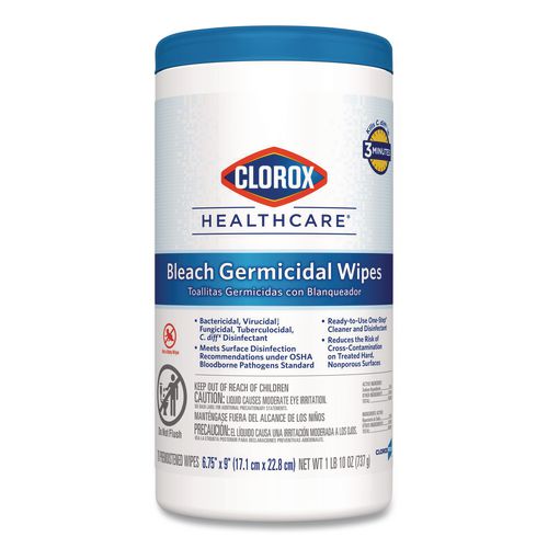 Clorox Healthcare Bleach Germicidal Wipes, 1-Ply, 6.75 x 9, Unscented, White, 70/Canister