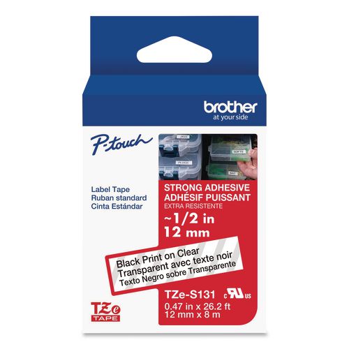Brother P-Touch TZe Extra-Strength Adhesive Laminated Labeling Tape, 0.47" x 26.2 ft, Black on Clear