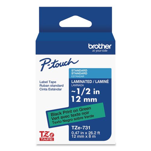 Brother P-Touch TZe Laminated Removable Label Tapes, 0.47" x 26.2 ft, Black on Green