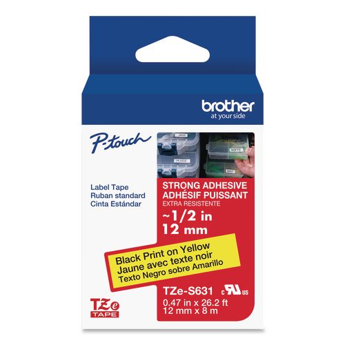 Brother P-Touch TZe Extra-Strength Adhesive Laminated Labeling Tape, 0.47" x 26.2 ft, Black on Yellow