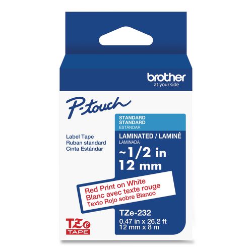 Brother P-Touch TZe Standard Adhesive Laminated Labeling Tape, 0.47" x 26.2 ft, Red on White