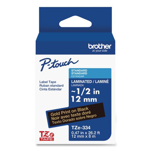 Brother P-Touch TZe Standard Adhesive Laminated Labeling Tape, 0.47" x 26.2 ft, Gold on Black
