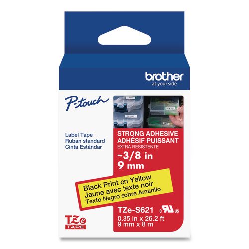 Brother P-Touch TZe Extra-Strength Adhesive Laminated Labeling Tape, 0.35" x 26.2 ft, Black on Yellow