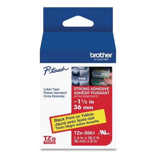 Brother P-Touch TZ Extra-Strength Adhesive Laminated Labeling Tape, 1.4" x 26.2 ft, Black on Yellow