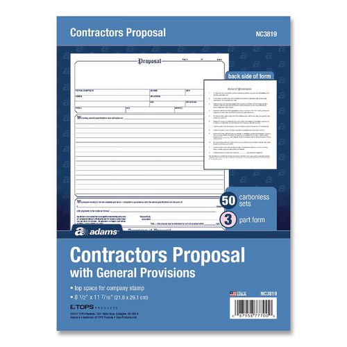Adams Contractor Proposal Form, Three-Part Carbonless, 8.5 x 11.44, 50 Forms Total