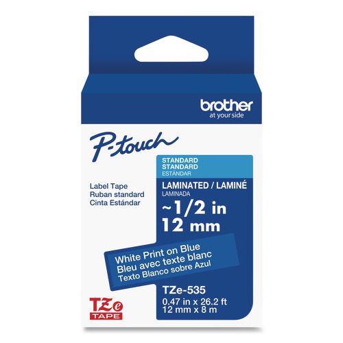 Brother P-Touch TZe Laminated Removable Label Tapes, 0.47" x 26.2 ft, White on Blue