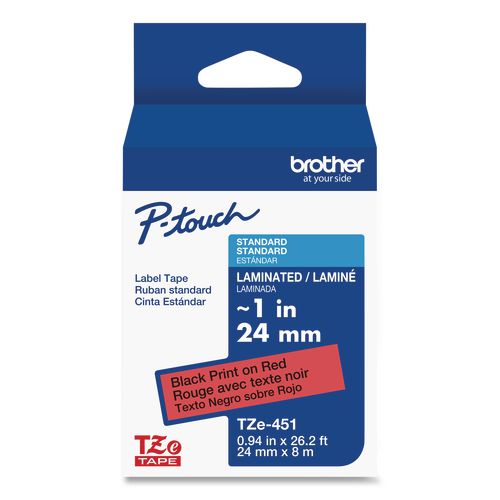 Brother P-Touch TZe Standard Adhesive Laminated Labeling Tape, 0.94" x 26.2 ft, Black on Red