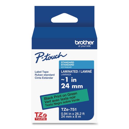 Brother P-Touch TZe Laminated Removable Label Tapes, 0.94" x 26.2 ft, Black on Green