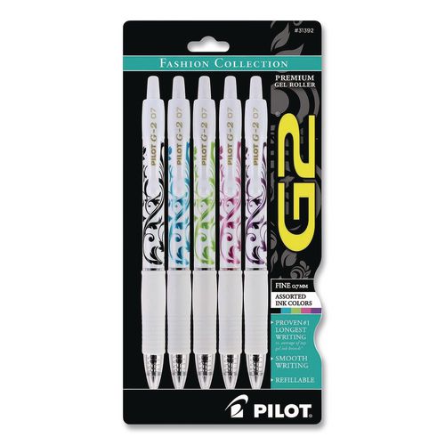 Pilot G2 Fashion Premium Gel Pens, Retractable, Fine 0.7 mm, Assorted Ink and Barrel Colors, 5/Pack