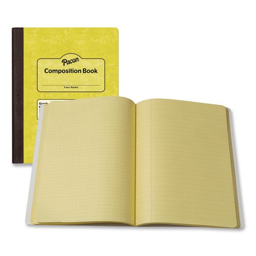 Pacon Dual Ruled Composition Book, Left: Quad Rule (4 sq/in), Right: Wide/Legal Rule (3/8"), Yellow Cover, (100) 9.75 x 7.5 Sheets