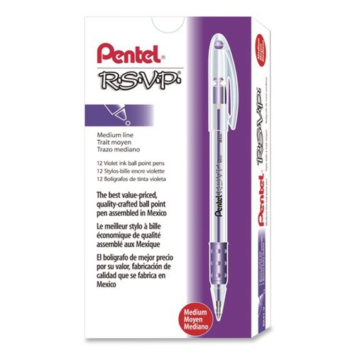 Pentel R.S.V.P. Ballpoint Pen, Stick, Medium 1 mm, Violet Ink, Clear/Violet Barrel, Dozen