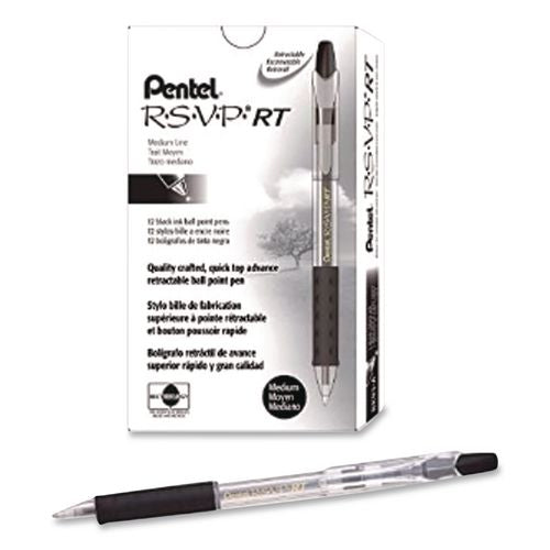 Pentel R.S.V.P. RT Ballpoint Pen, Retractable, Medium 1 mm, Black Ink, Clear Barrel, Dozen