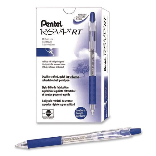 Pentel R.S.V.P. RT Ballpoint Pen, Retractable, Medium 1 mm, Blue Ink, Clear Barrel, Dozen