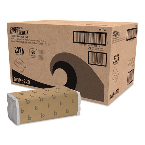 Boardwalk C-Fold Paper Towels, 1-Ply, 11.44 x 10, Bleached White, 198 Sheets/Pack, 12 Packs/Carton