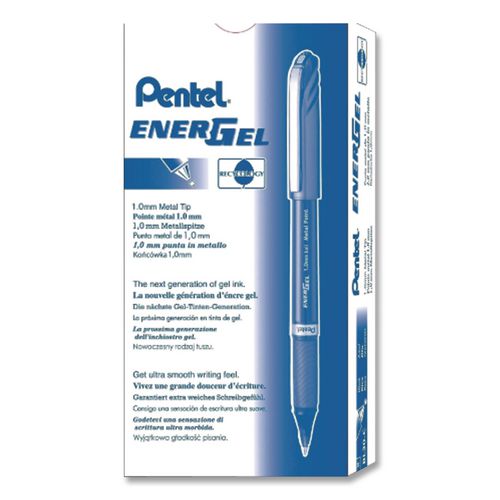 Pentel EnerGel NV Gel Pen, Stick, Bold 1 mm, Blue Ink, Gray/Blue Barrel, Dozen