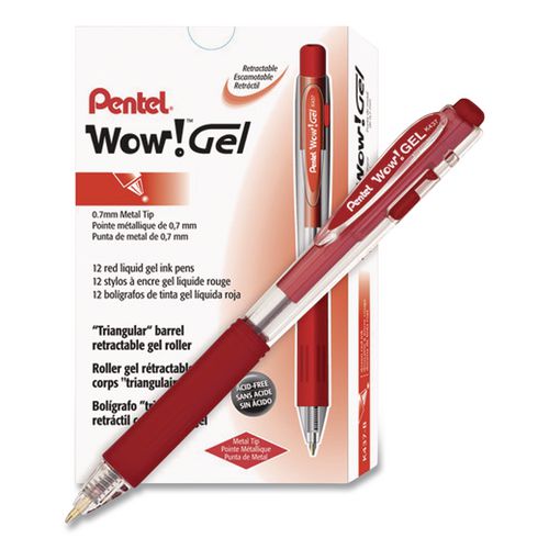 Pentel WOW! Gel Pen, Retractable, Medium 0.7 mm, Red Ink, Clear/Red Barrel, Dozen