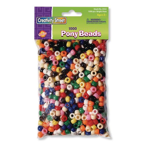 Creativity Street Pony Beads, Plastic, 0.24" x 0.35", Assorted Bright Hues, 1,000/Pack
