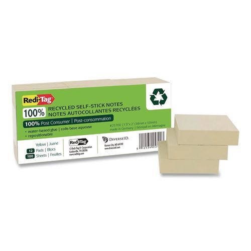 Redi-Tag 100% Recycled Self-Stick Notes, 1.5" x 2", Yellow, 100 Sheets/Pad, 12 Pads/Pack