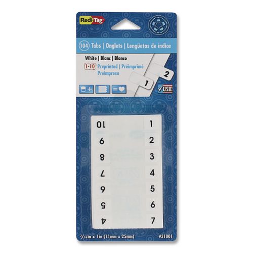 Redi-Tag Legal Index Tabs, Preprinted Numeric: 1 to 10, 1/12-Cut, White, 0.44" Wide, 104/Pack